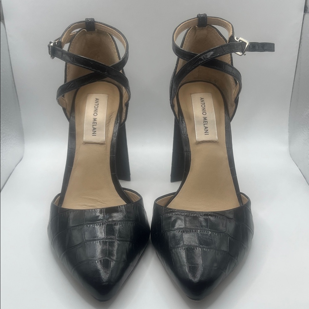 ANTONIO MELANI Black Croc-Embossed Pointed Toe Ankle-Strap Heels